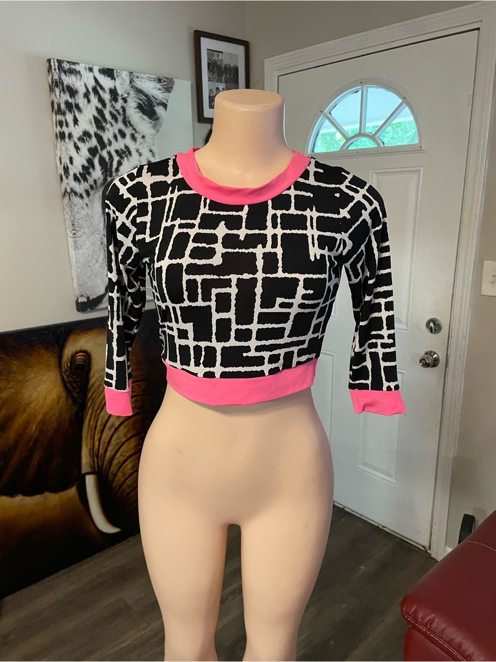Good time USA  Geometric Crop Top with Pink Trim - Women's Top Barbie Large